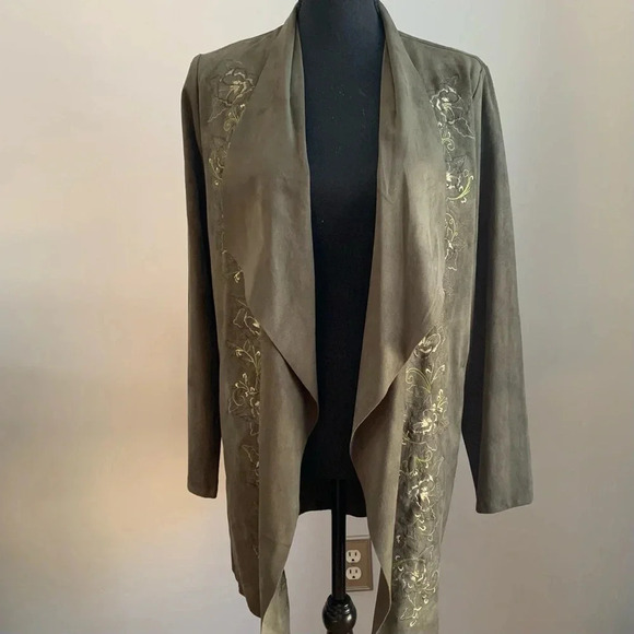 Chico’s Faux Suede Embroidered Open Drape Front Jacket, Olive Green, Small 8-10 - Picture 2 of 5